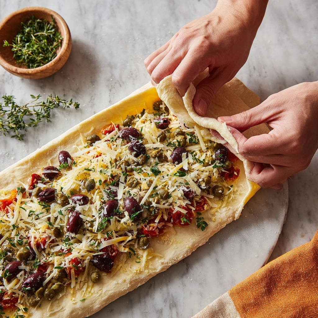 Savory olive & herb rolled bread preparation step showing dough being folded over the filling.