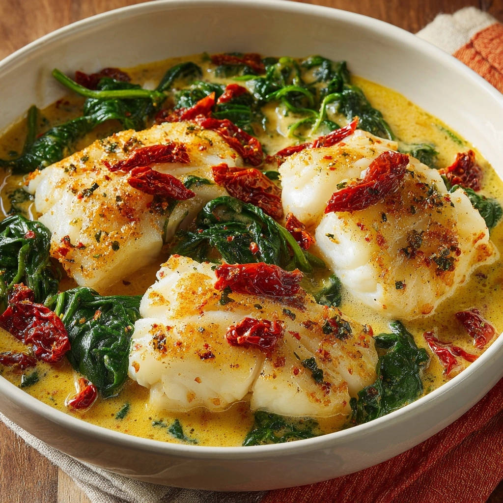 Seared white fish with creamy spinach served in a bowl, showcasing tender fish and wilted greens in a rich sauce.
