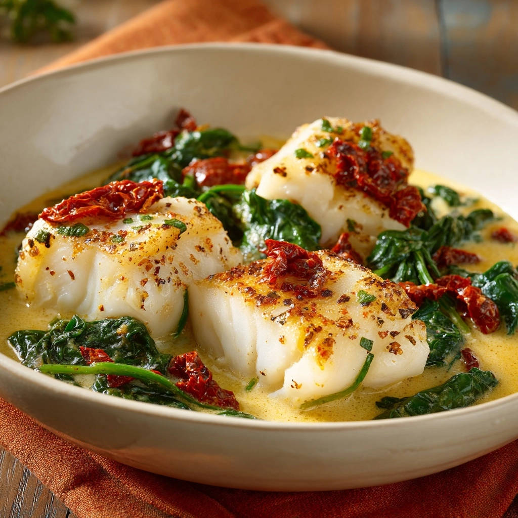 Seared white fish with creamy spinach served in a bowl, featuring sun-dried tomatoes and herbs.