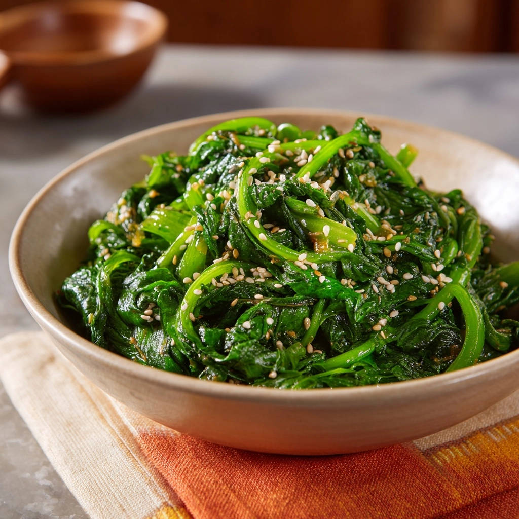 Speedy Sesame Garlic Spinach served in a rustic bowl, sprinkled with sesame seeds.