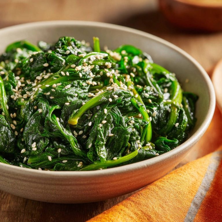 Speedy sesame garlic spinach with a close-up view of the sesame seed garnish.