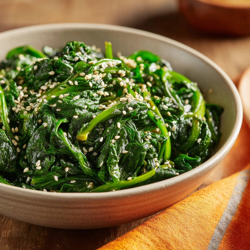 Speedy sesame garlic spinach with a close-up view of the sesame seed garnish.