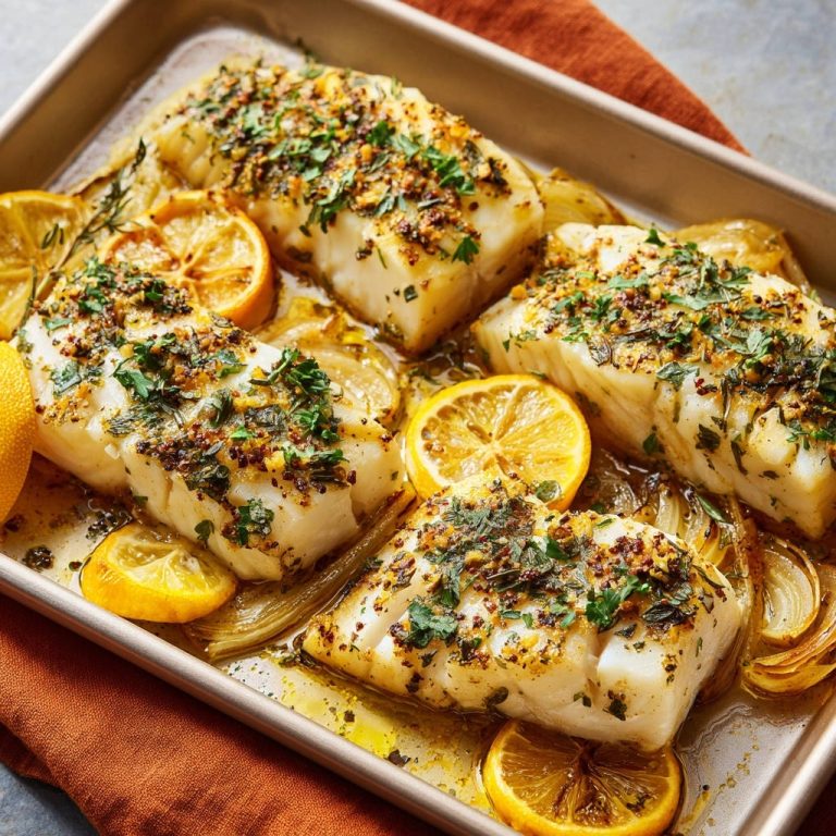 Sheet pan lemon herb white fish with roasted lemons and herbs, shown in a close-up overhead view.