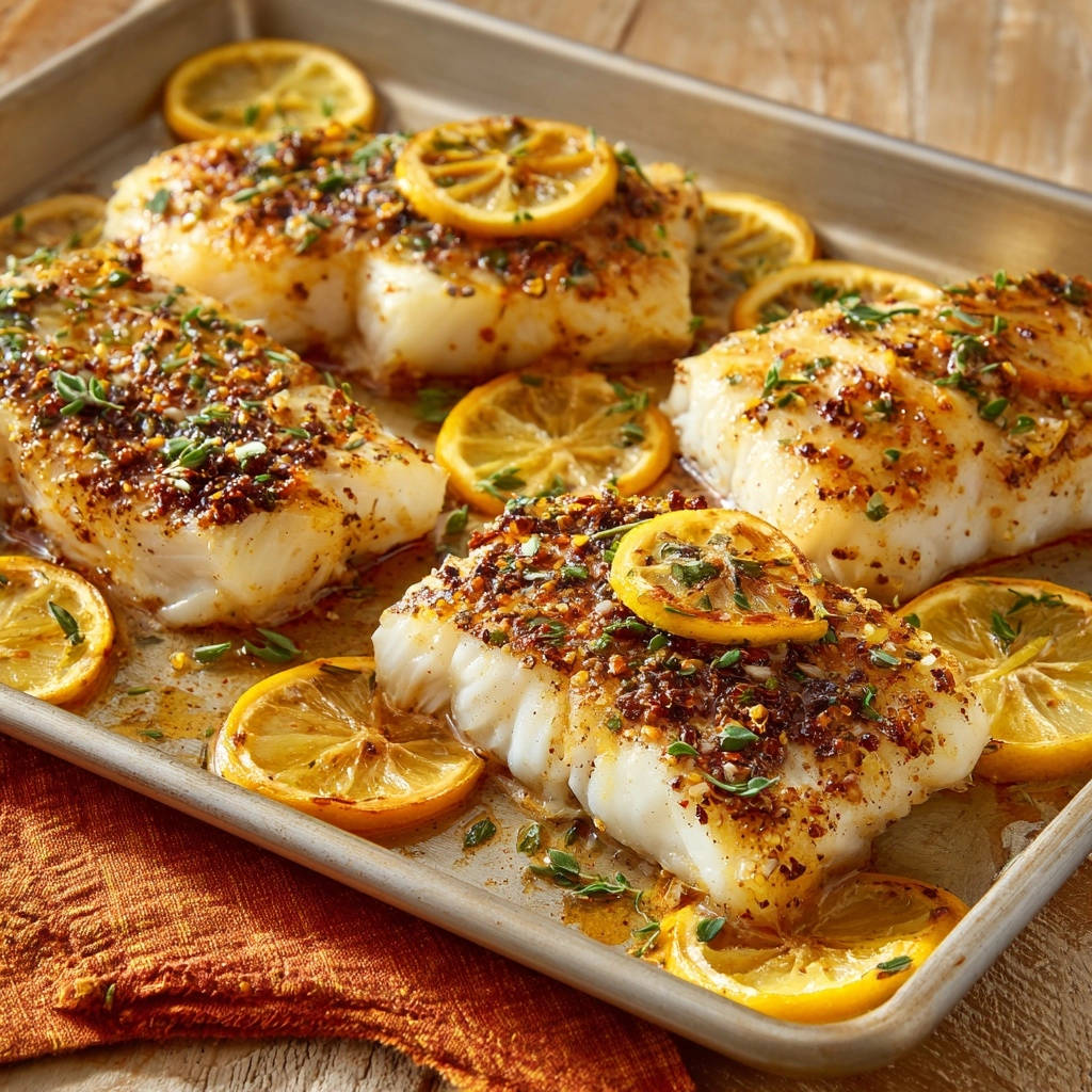 Sheet pan lemon herb white fish with roasted lemon slices and herbs, shown in a close-up view on the baking tray.