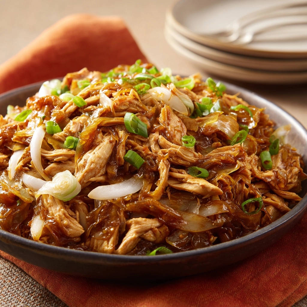 Shredded chicken and cabbage stir-fry in a bowl, garnished with chopped green onions and white onion pieces.