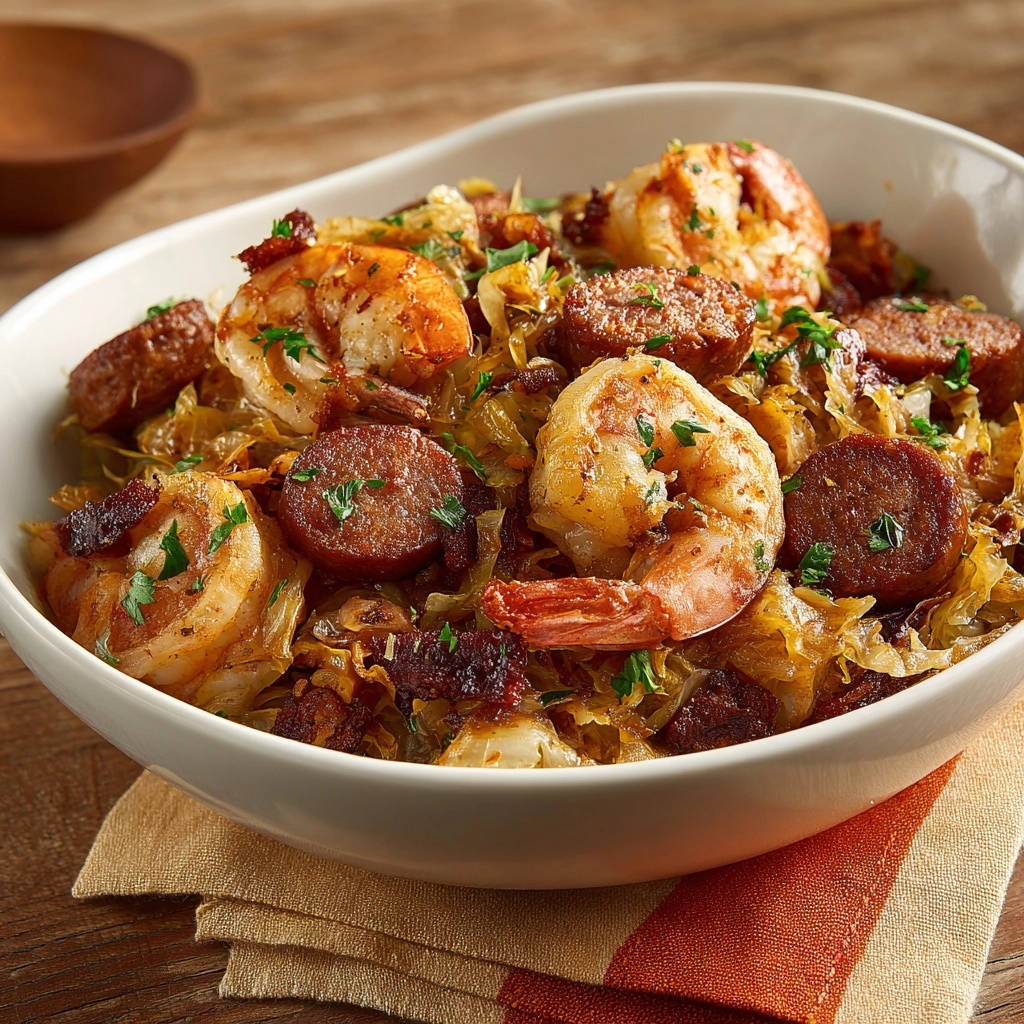 Shrimp, sausage & cabbage skillet served in a white bowl, with a close-up view of the ingredients.