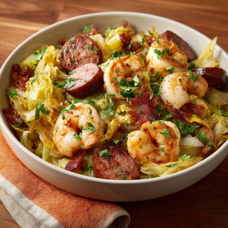 Shrimp, sausage & cabbage skillet served in a white bowl, garnished with parsley, showcasing the dish's ingredients.