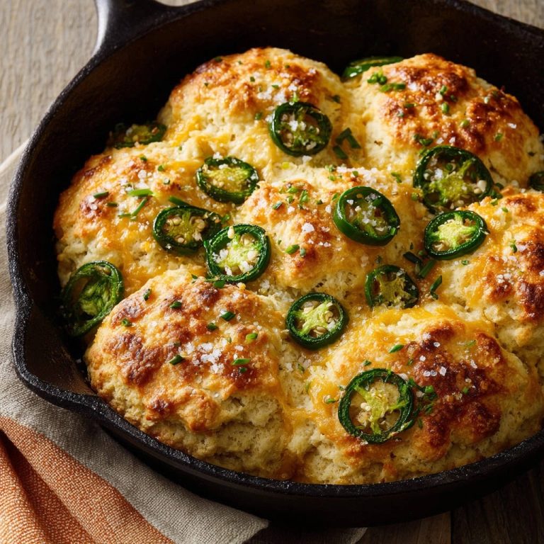 Skillet cheesy jalapeno biscuits with a close-up view of the cheesy topping and jalapeno slices.
