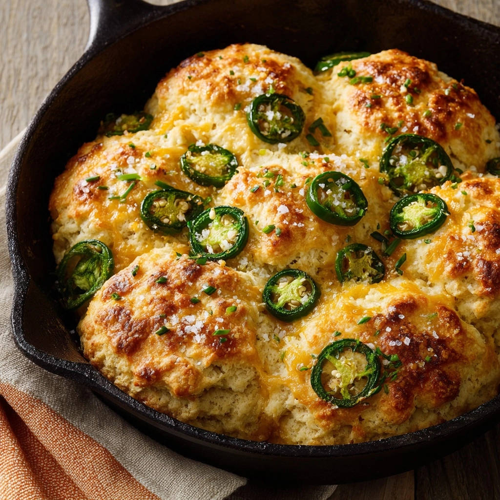 Skillet cheesy jalapeno biscuits with a close-up view of the cheesy topping and jalapeno slices.