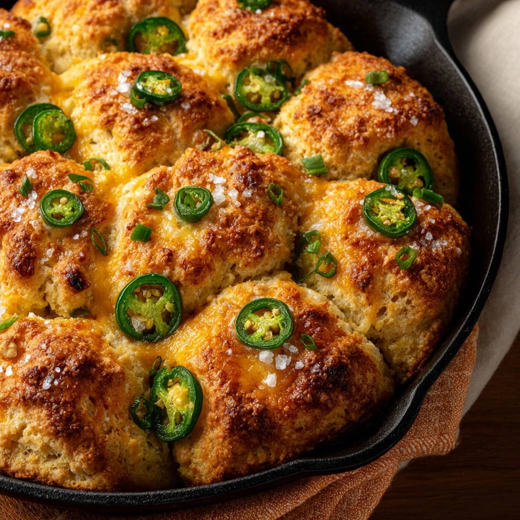 Skillet Cheesy Jalapeno Biscuits shown in a close-up overhead view, baked golden brown with melted cheese and fresh jalapeno slices.