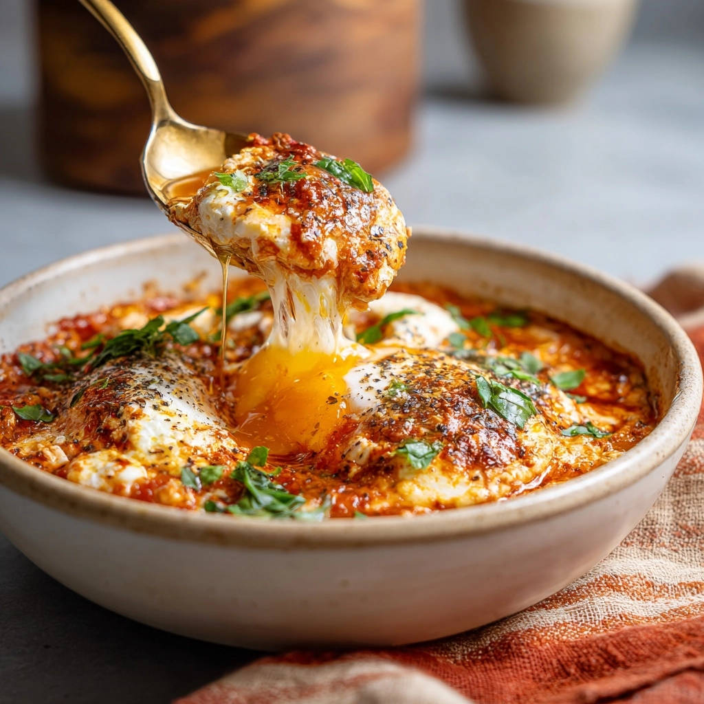 Skillet eggs in zesty tomato sauce with a spoonful of gooey cheese being lifted from the dish.