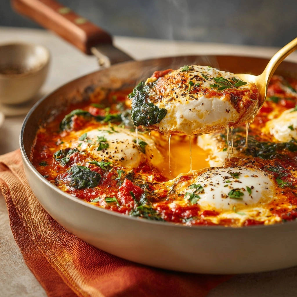 Skillet eggs in zesty tomato sauce with a scoop showing dripping jammy yolk and fresh spinach.