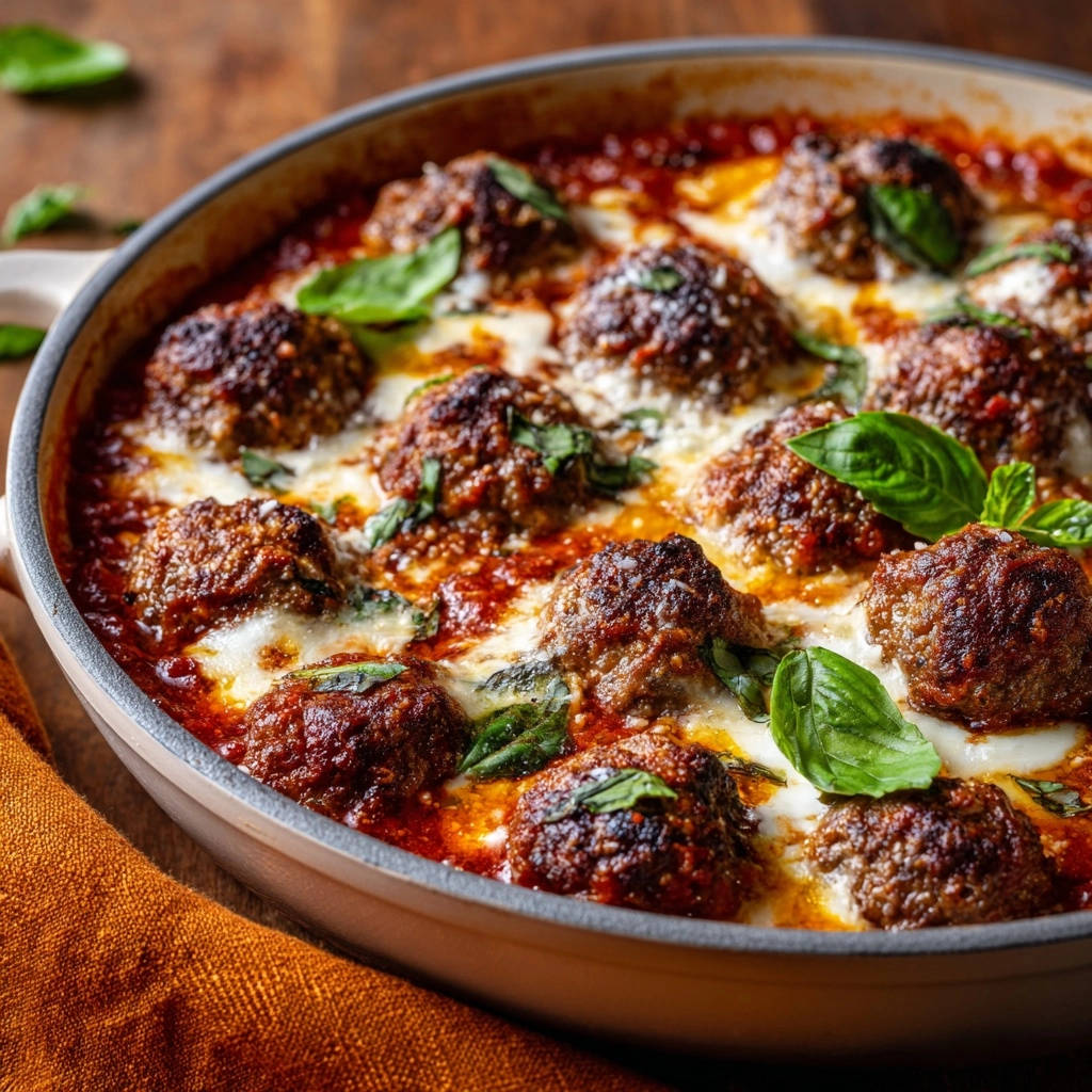Skillet meatballs with melty mozzarella shown in a close-up view of the entire dish in a pan.