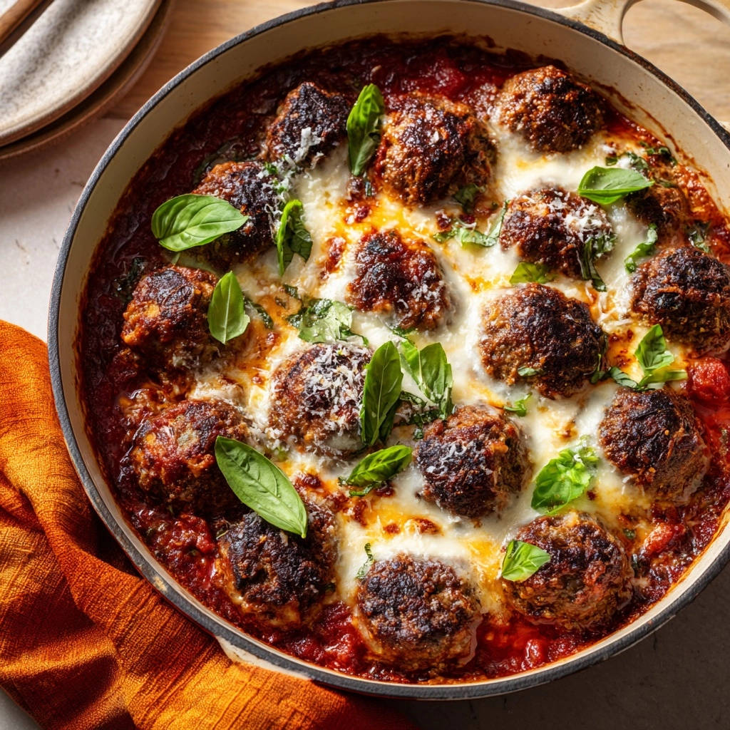 Skillet meatballs with melty mozzarella in marinara sauce, shown in an overhead view of the entire dish.