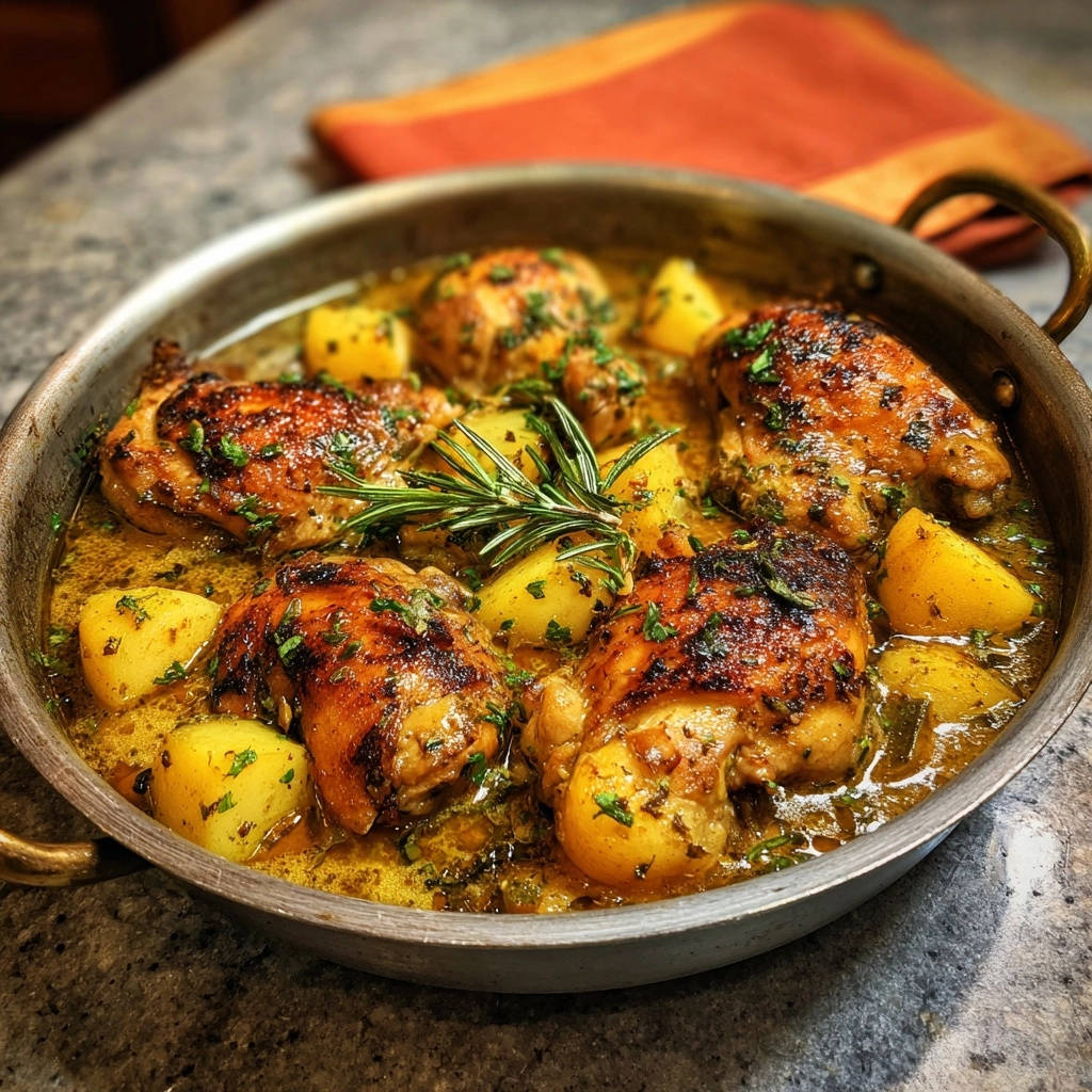 Skillet rosemary chicken and potatoes shown close-up in a pan with a sprig of rosemary garnish.