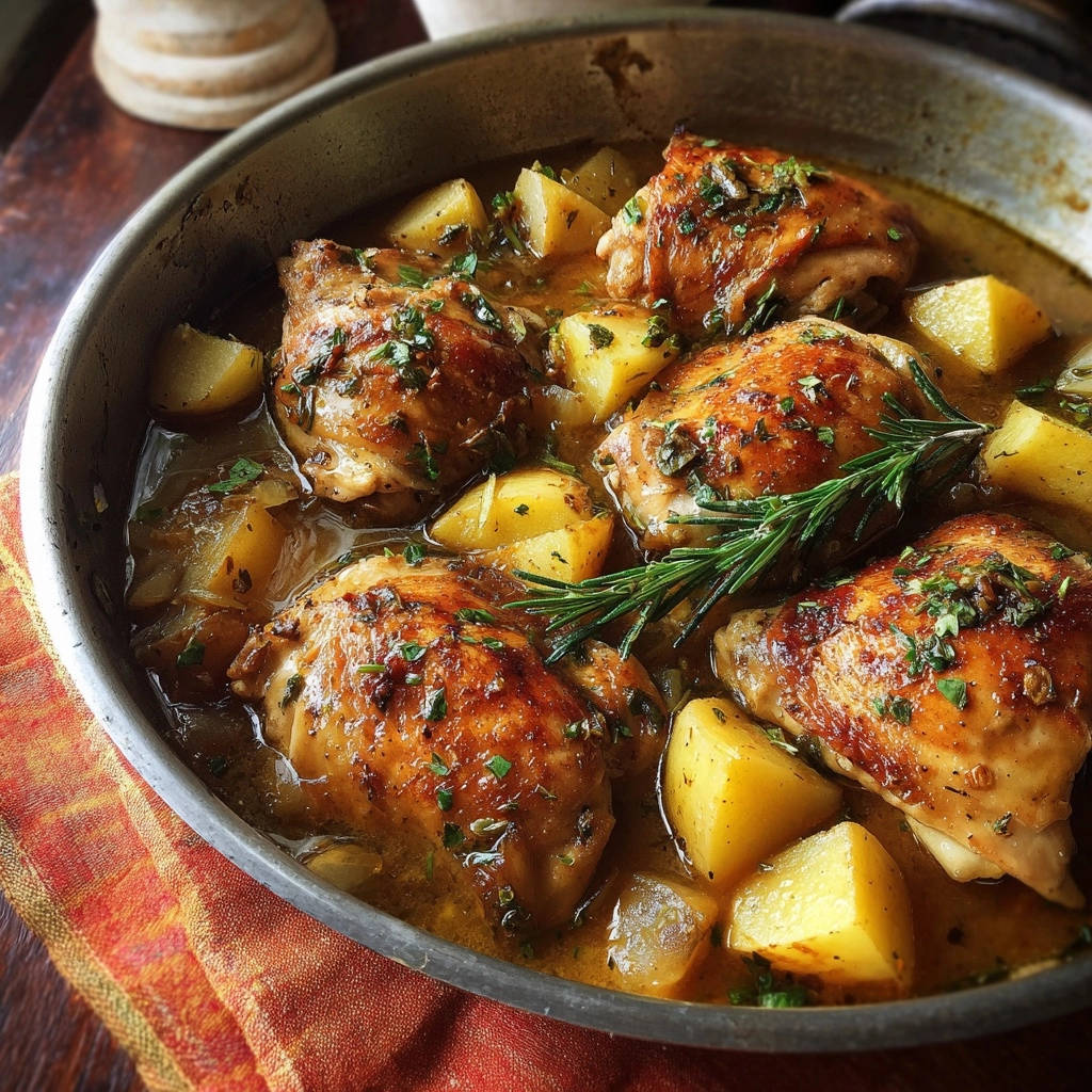 Skillet rosemary chicken and potatoes with a close-up overhead view showing golden-brown chicken thighs and cubed potatoes in a rich sauce.