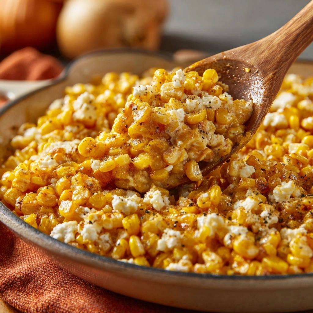 Skillet street style corn with cheese and spices, a wooden spoon lifting a generous spoonful for a close-up view.