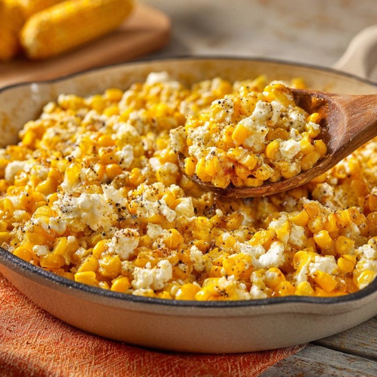 Skillet street style corn with a spoonful being lifted, showcasing the cheesy, peppery corn kernels.
