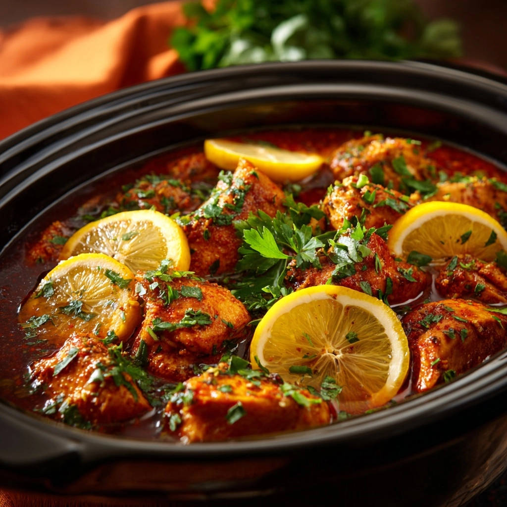 Golden slow cooker lemon herb chicken with fresh lemon slices and parsley garnish in a black pot.