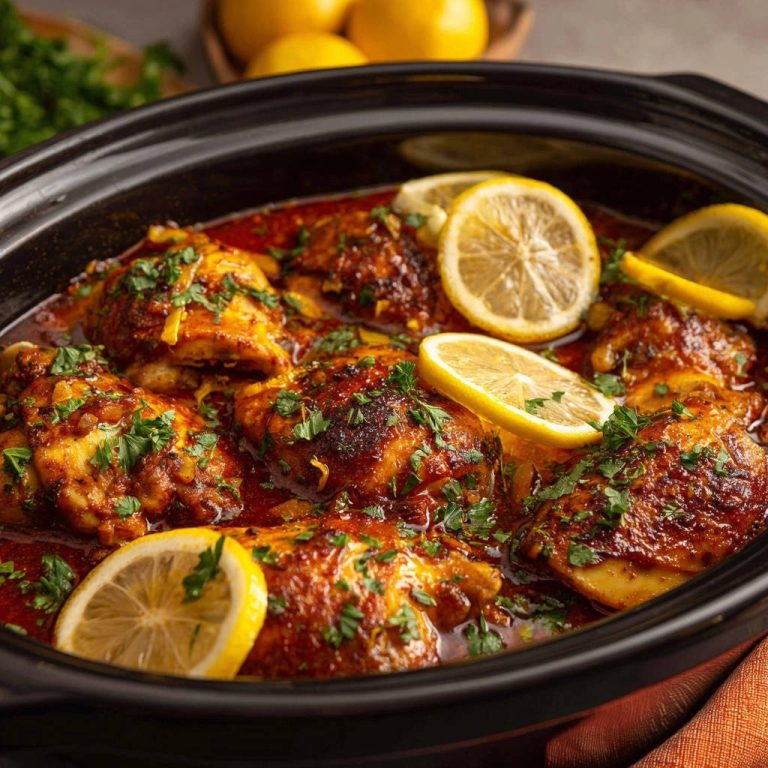 Golden slow cooker lemon herb chicken with lemon slices and parsley in a black crock.