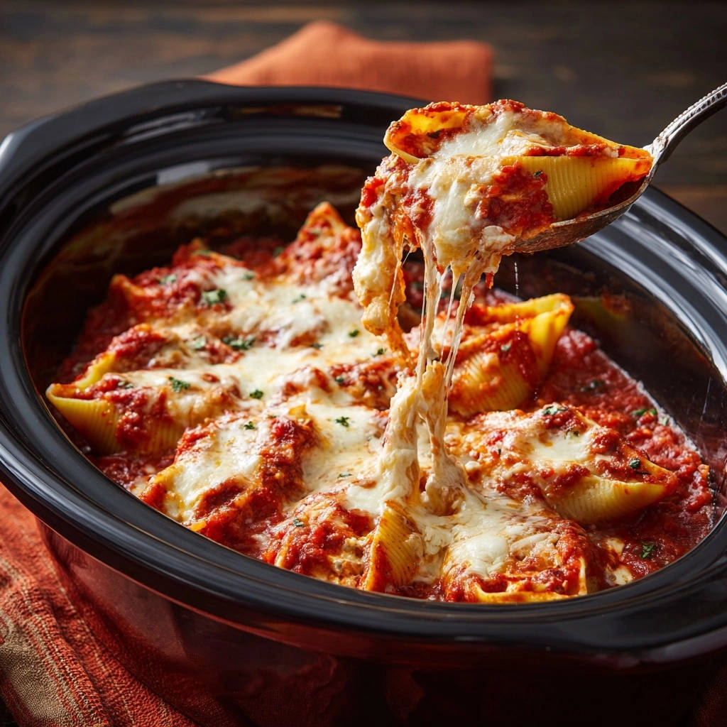 Slow cooker stuffed shells featuring a spoonful lifting up with long, stretchy strands of melted cheese.