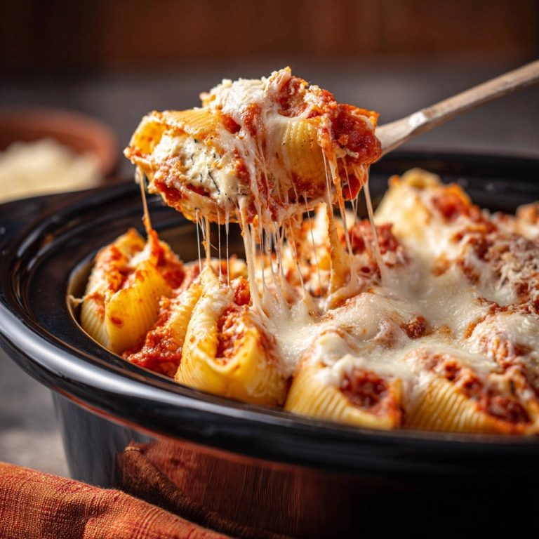 Slow cooker stuffed shells with gooey cheese being lifted with a serving utensil from the pot.