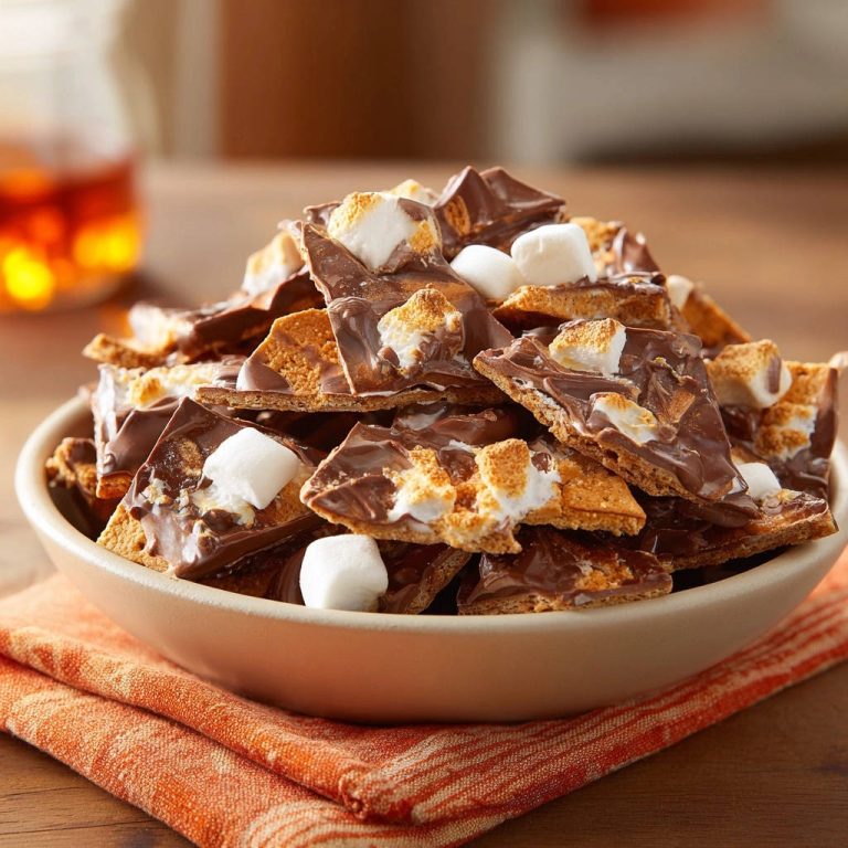 S'mores bark close-up in a bowl, featuring melted chocolate, toasted marshmallows, and graham crackers.