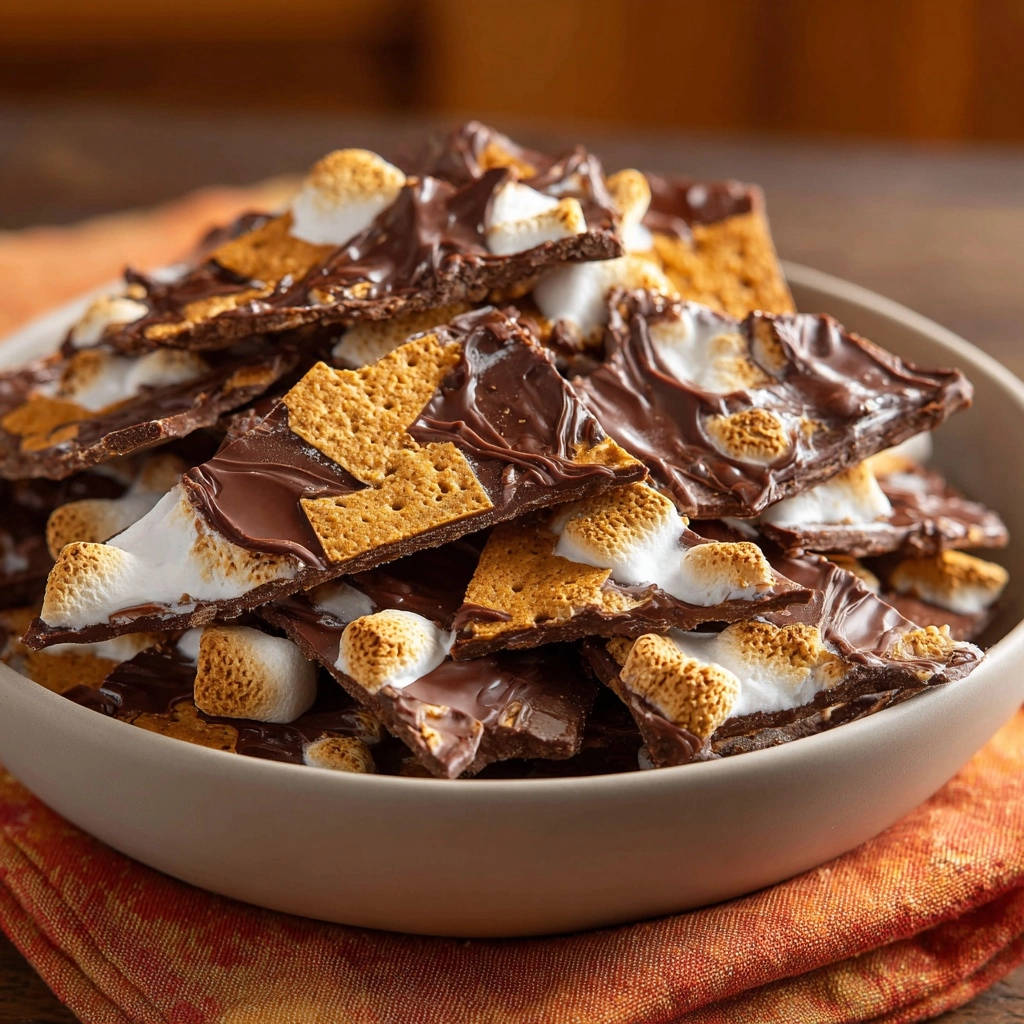 S'mores Bark in a bowl, a close-up view showing the toasted marshmallows, graham crackers, and melted chocolate.