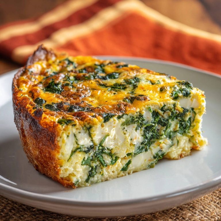 Spinach & Feta Frittata, a fluffy slice showcasing its cheesy, green-filled interior on a white plate.