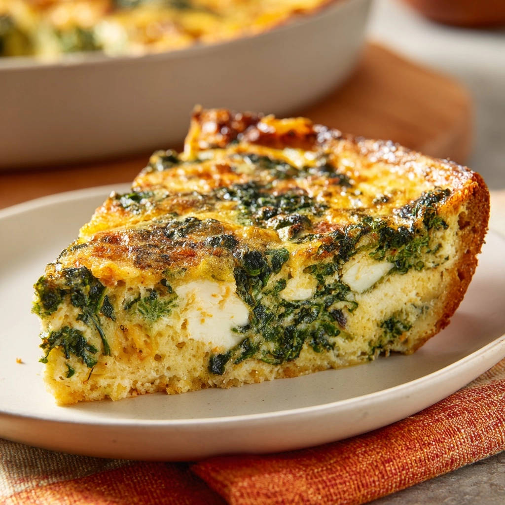Spinach & Feta Frittata slice on a plate, showing a fluffy interior with visible feta cheese and greens.