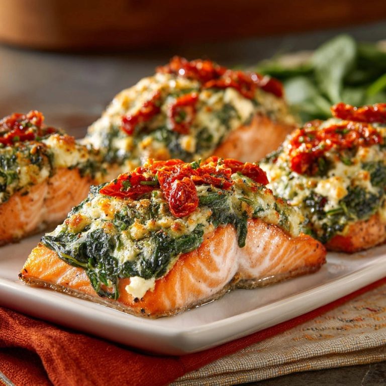 Spinach & Sun-Dried Tomato Stuffed Salmon, a close-up view highlighting the cheesy topping and vibrant sun-dried tomatoes.