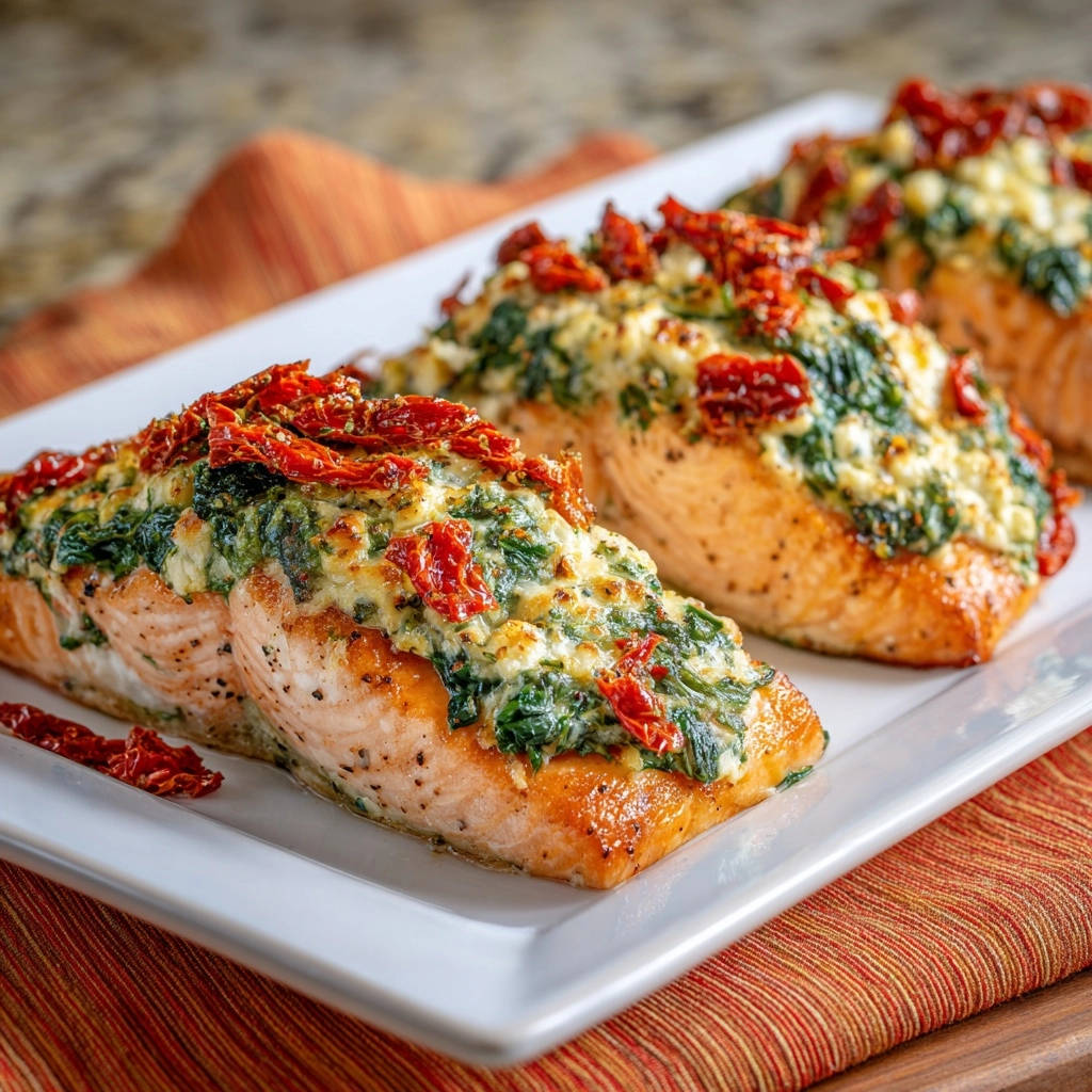 Spinach & Sun-Dried Tomato Stuffed Salmon fillets are presented on a white platter, showcasing the cheesy topping and golden-brown salmon.