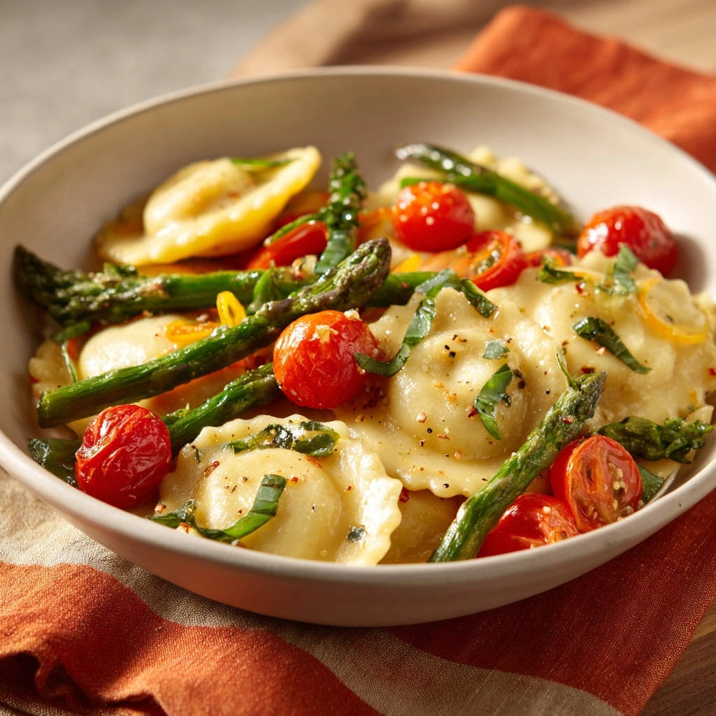 Spring ravioli with roasted veggies served in a bowl, featuring asparagus and cherry tomatoes with fresh basil.
