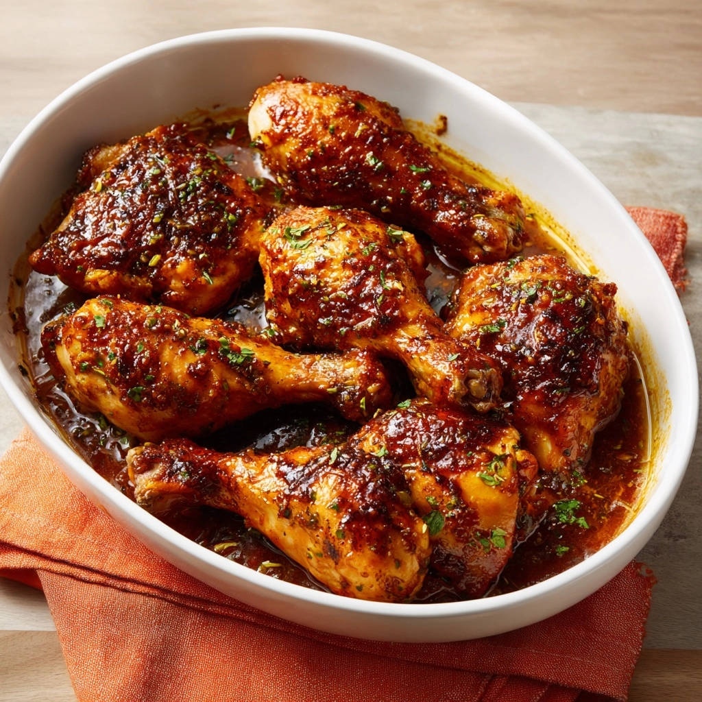 Sticky herb glazed chicken arranged in a white oval baking dish, showcasing the glossy glaze.