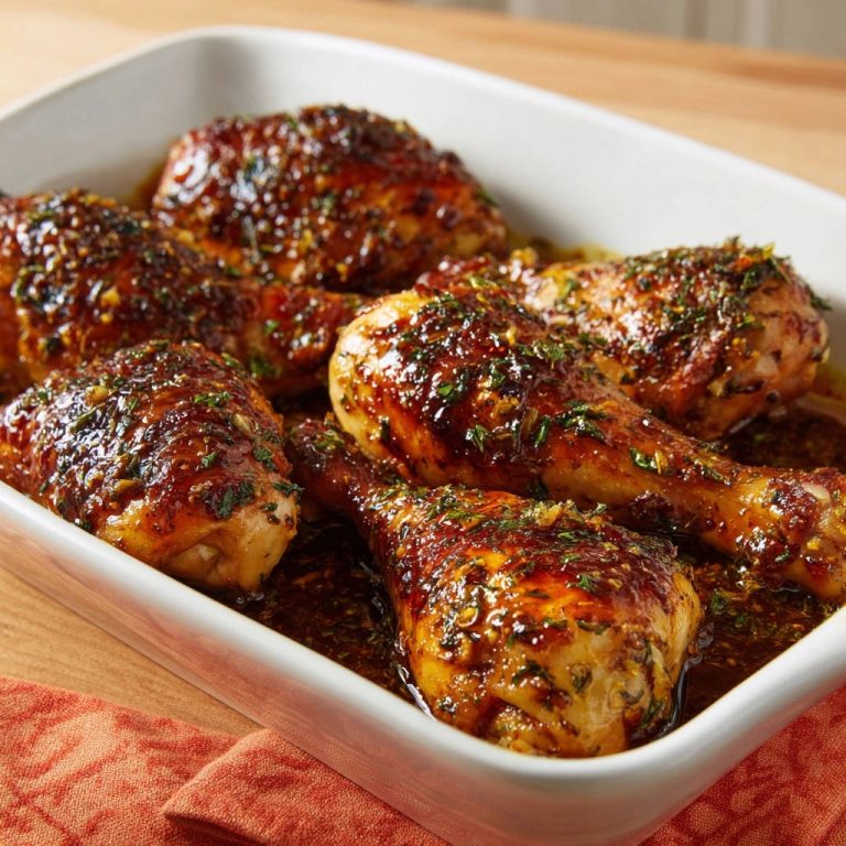 Sticky herb glazed chicken shown in a white baking dish, glistening with sauce and herbs.