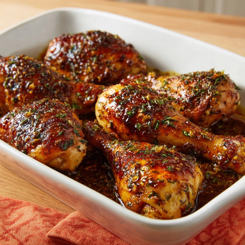 Sticky herb glazed chicken shown in a white baking dish, glistening with sauce and herbs.