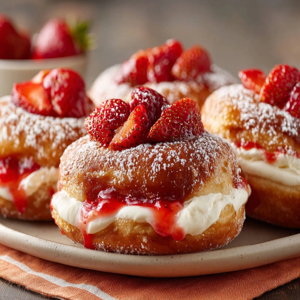 Strawberry cream-filled donuts generously garnished with fresh strawberries and dusted with powdered sugar.