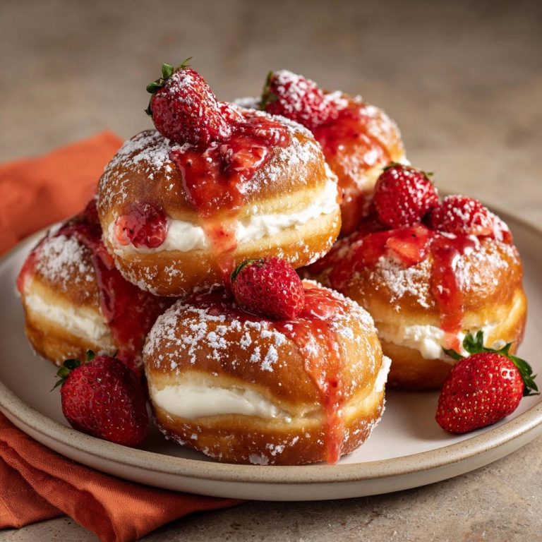Strawberry cream-filled donuts stacked on a plate, generously topped with strawberry sauce and fresh strawberries.