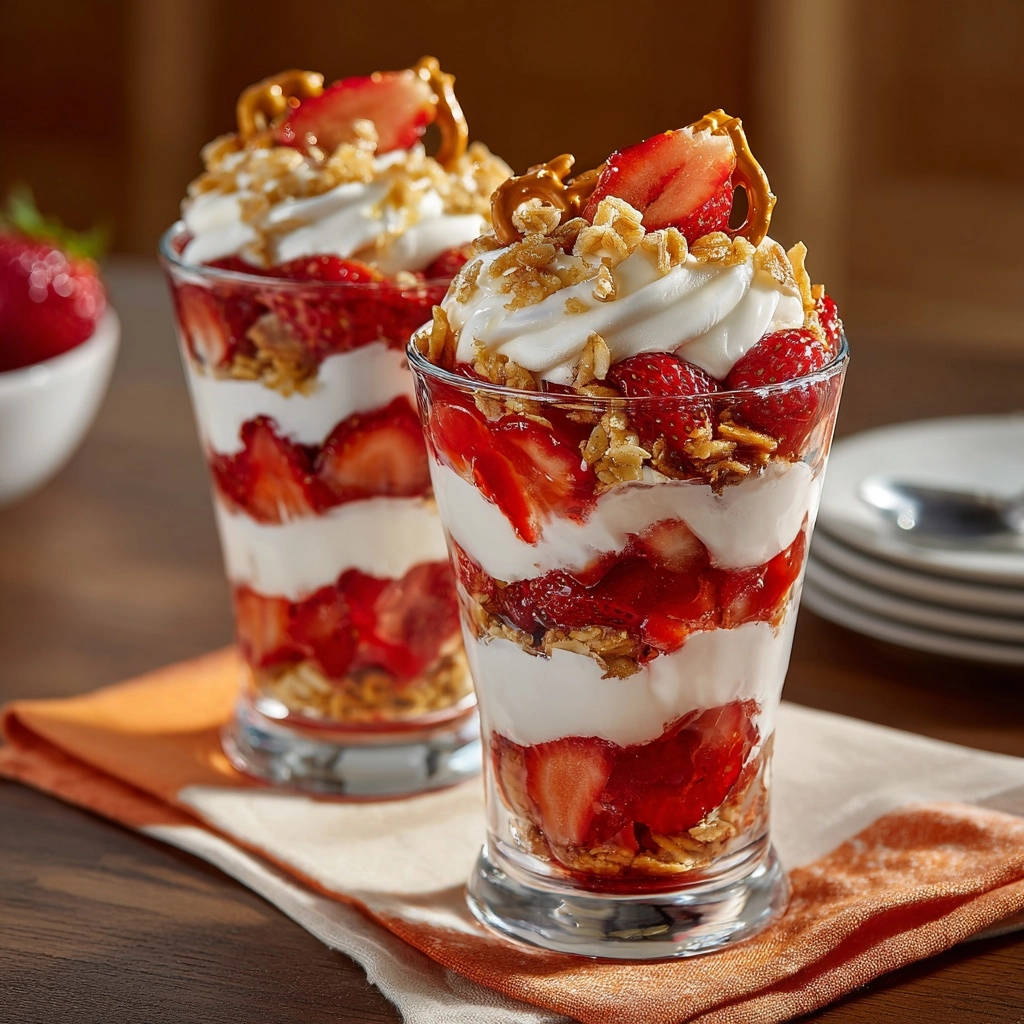 Strawberry crunch parfait layered in a glass with fresh strawberries, yogurt, and granola, topped with whipped cream and a strawberry slice.