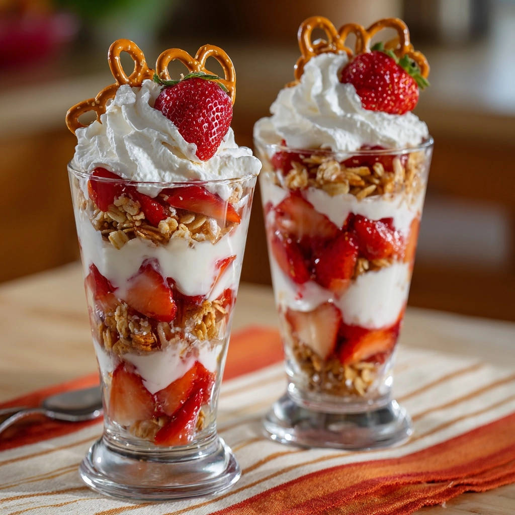 Strawberry crunch parfait layered in tall glasses with fresh strawberries, yogurt, and granola, topped with whipped cream and pretzels.