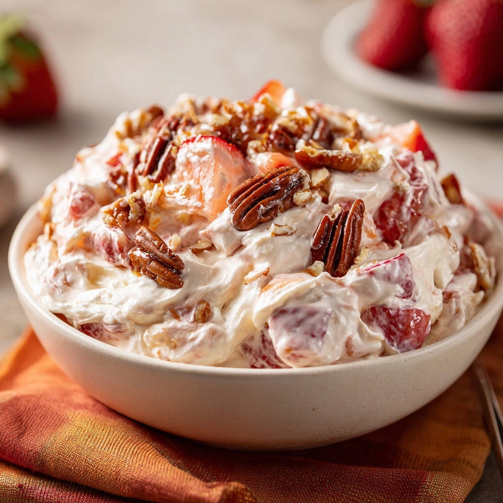 Dreamy strawberry fluff with a close-up view of the creamy texture and pecan garnish.