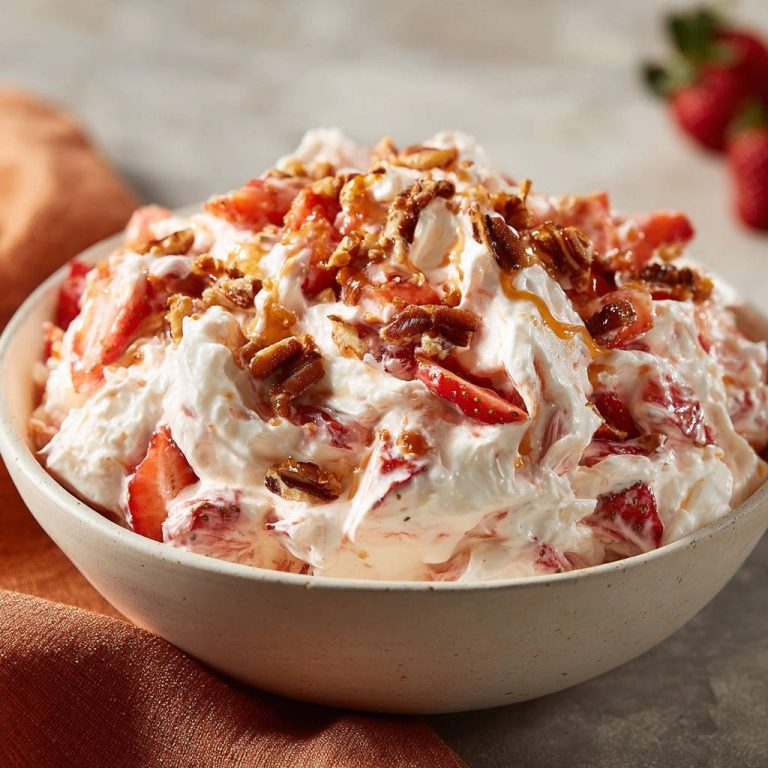 Dreamy Strawberry Fluff topped with toasted pecans and a drizzle of caramel sauce.
