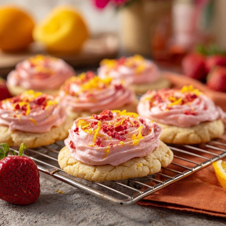 Strawberry lemon sugar cookies with pink frosting and freeze-dried strawberries cooling on a wire rack.