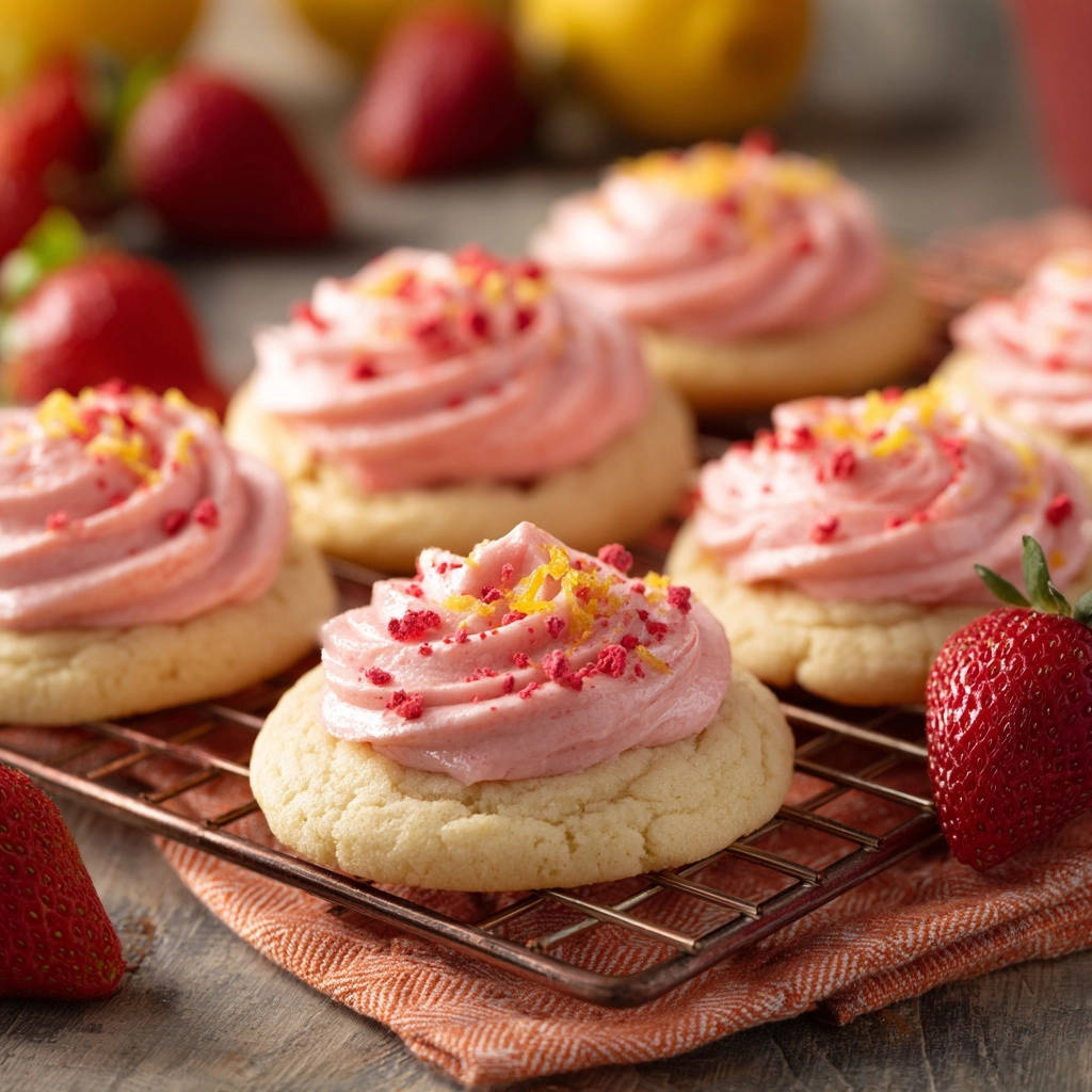 Strawberry lemon sugar cookies with pink frosting and freeze-dried strawberry and lemon zest garnish, cooling on a wire rack.
