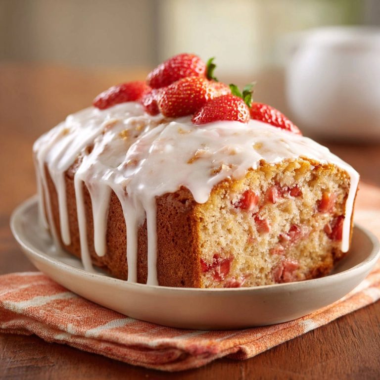 Strawberry loaf cake glazed with white icing and topped with fresh strawberries, showcasing its moist interior.