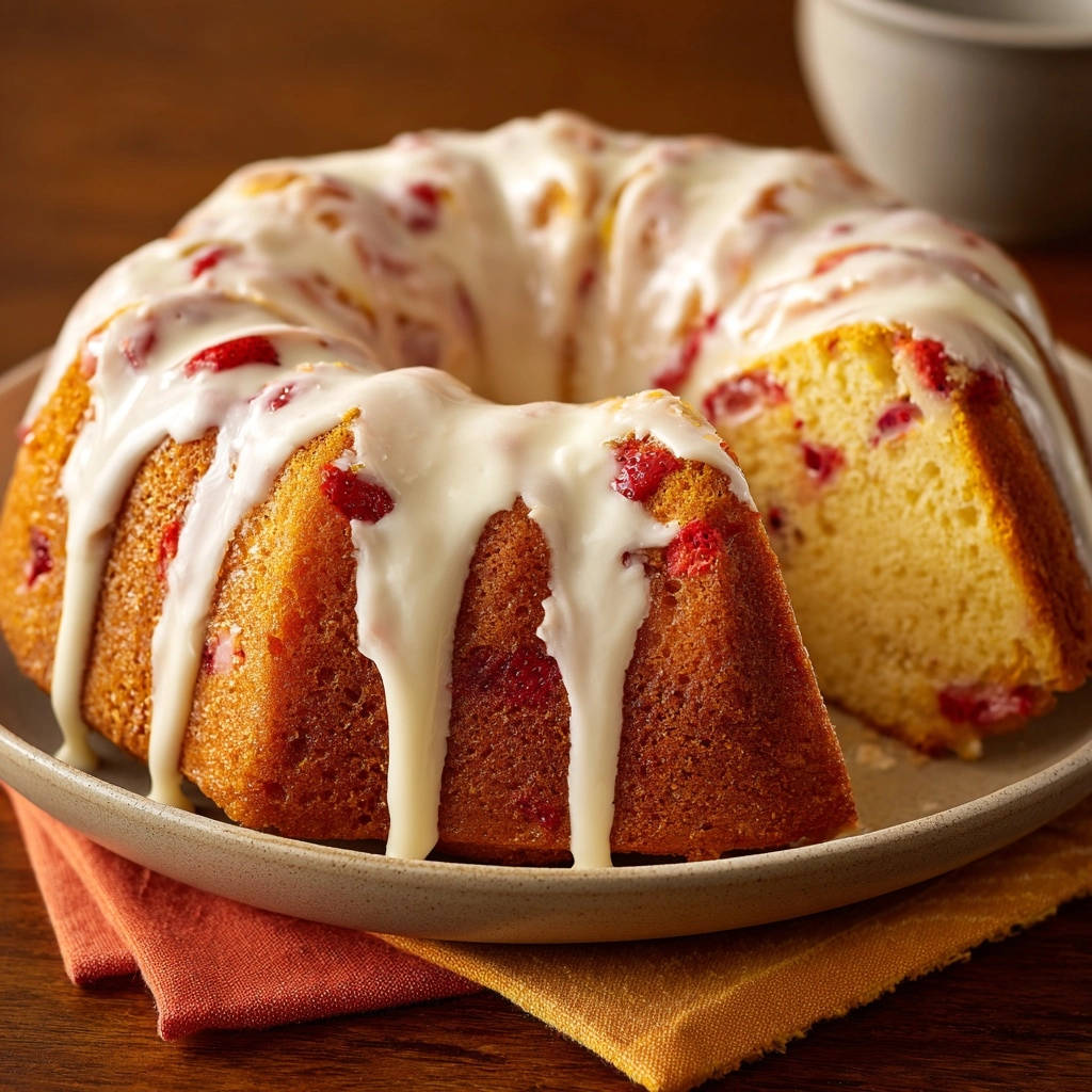Strawberry loaf with drizzled glaze showing a slice with berries visible inside.