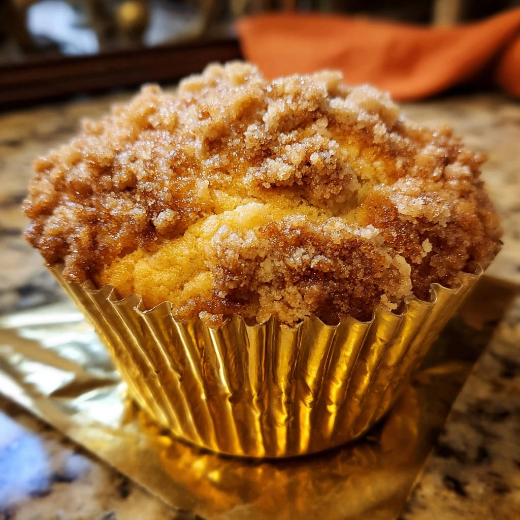 Streusel-topped muffins with a close-up view of the sugary, cinnamon crumb topping.