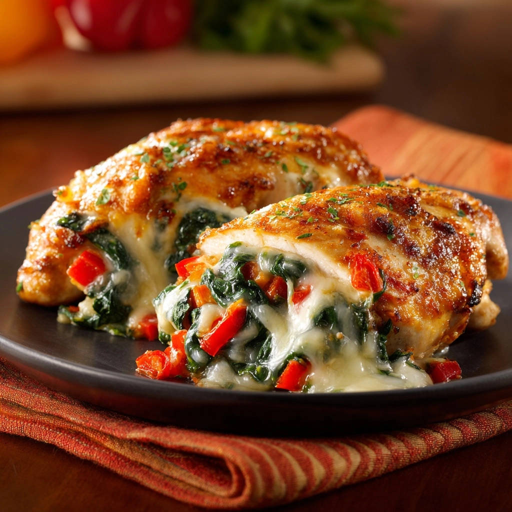 Stuffed chicken breasts cross-section showing melty cheese, spinach, and red peppers inside golden-brown chicken.