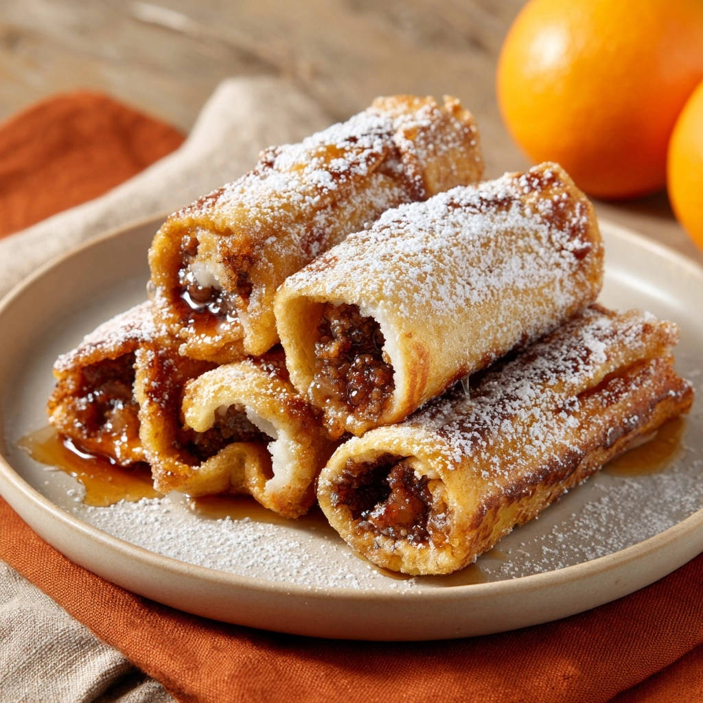 Stuffed French Toast Rolls, a close-up view showing the golden fried exterior and sweet filling.