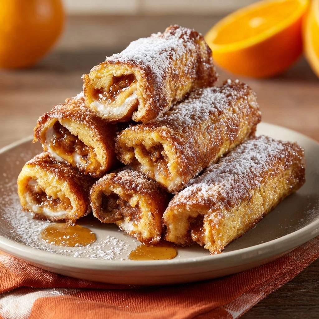 Stuffed French Toast Rolls, a close-up cross-section showing the golden fried exterior and sweet filling.
